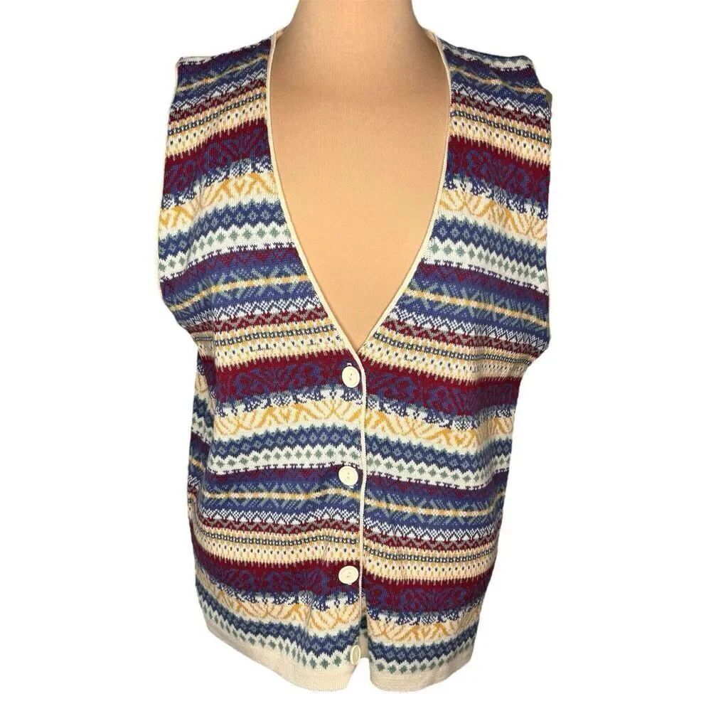 Vintage 90s Sz L Cabin Creek Farmhouse Multicolor Grandma Sweater Vest USA Made
